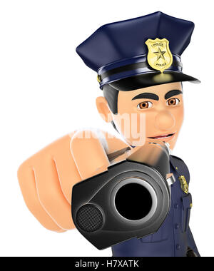 3d delle forze di sicurezza di persone illustrazione. Poliziotto indicando una pistola davanti. Isolato sullo sfondo bianco. Foto Stock