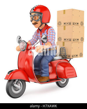 3d lavoro di persone illustrazione. Consegna tramite corriere uomo offrendo un pacchetto in scooter moto. Isolato sullo sfondo bianco. Foto Stock