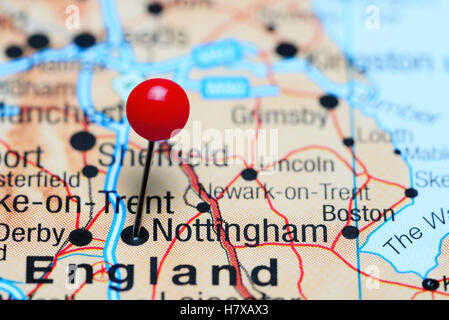 Nottingham imperniata su di una mappa del Regno Unito Foto Stock