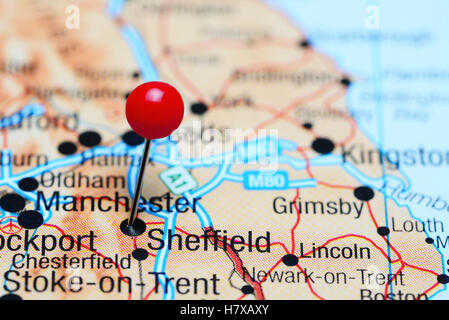 Sheffield imperniata su di una mappa del Regno Unito Foto Stock