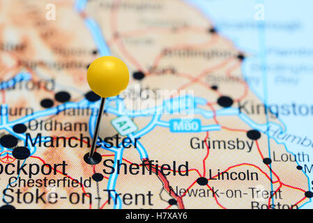 Sheffield imperniata su di una mappa del Regno Unito Foto Stock