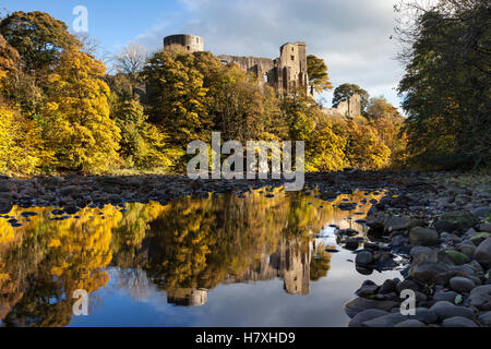 Le rovine medievali di Barnard Castle riflessa nel Fiume Tees in autunno, Barnard Castle, Teesdale, County Durham, Regno Unito Foto Stock