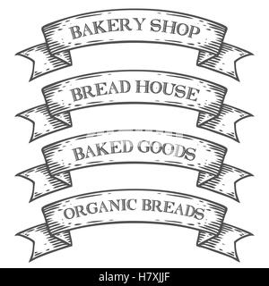 Bakery bake shop emblema del mercato a nastro. Monocromatico set medievale vintage segno incisione isolati su sfondo bianco. Schizzo vecto Illustrazione Vettoriale