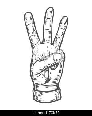 Il gesto a mano. Puntando a tre dita fino a contare. Retro Vintage schizzo illustrazione vettoriale. Stile di incisione. nero isolato su wh Illustrazione Vettoriale