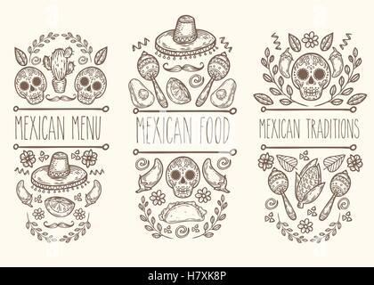 Schizzo messicano doodle collection, vettore disegnato a mano elementi etichetta. Cranio, zucchero cranio, sombrero, avocado, peperoncino, cactus, calce, Illustrazione Vettoriale