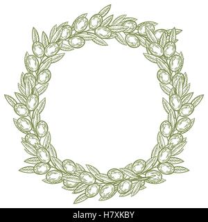 Olive corona di alloro e il ramo disegnati a mano illustrazione vettoriale. Lasciare e bacche di cornice rotonda isolati su sfondo bianco. Illustrazione Vettoriale