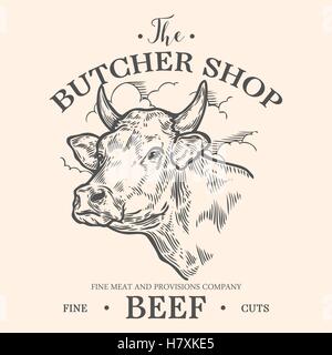 Testa di vacca, carni fresche bovine carne biologica. Mano schizzo disegnato in uno stile grafico. Vintage incisione vettoriale illustrazione per poster, web. Illustrazione Vettoriale