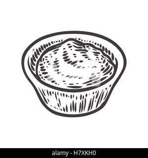 Salsa di pomodoro, ketchup per impostare il vettore. Isolato su sfondo bianco. Pomodoro ingrediente alimentare. Incisi a mano Illustrazione disegnata in retr Illustrazione Vettoriale