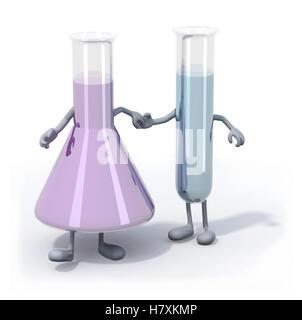 Due testtubes con liquido colorato all'interno con le braccia e le gambe che a piedi, 3d illustrazione Foto Stock