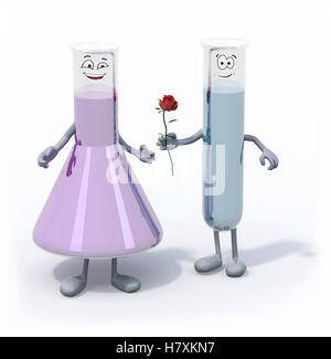 Due cartoon testtubes con liquido colorato all'interno che cadere in amore, 3d illustrazione Foto Stock
