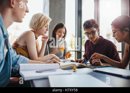 Gruppi diversi di giovani seduti a tavola che leggono libri. studenti universitari in collaborazione con il loro incarico a librar Foto Stock