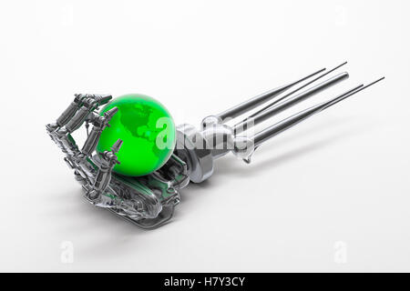 Il braccio robotico tenendo un globo di messa a terra Foto Stock