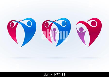 Donna, uomo, bambino a forma di cuore felice famiglia swoosh icone. Colorata illustrazione vettoriale. Illustrazione Vettoriale