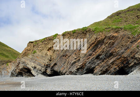 Ripiegate degli strati rocciosi e grotte, Bocca Welcombe Beach, Hartland Peninsula, North Devon Coast Foto Stock