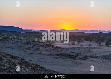 Tramonto colorato sopra il deserto del Namib, Namibia, Africa. Le montagne, dune e alberi di acacia silhouette in controluce. Rosso arancione cl Foto Stock
