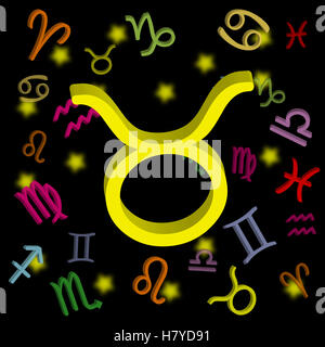 Segno zodiacale Toro con simboli astrologici su sfondo scuro ideale per gli amanti dell'astrologia, i lettori di oroscopi e i disegni a tema celeste Foto Stock
