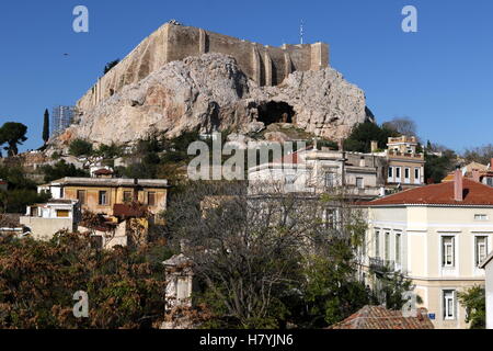 Vista dell'Acropoli e del sud ed est pendici, Atene, Grecia. Foto Stock