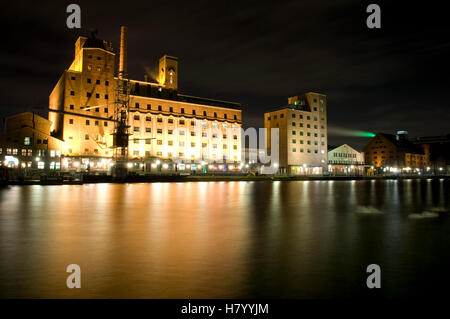 Wehrhahn-Muehle mill e Hafenforum edificio per uffici in Innenhafen Duisburg porto interno di notte, Ruhrgebiet area Foto Stock