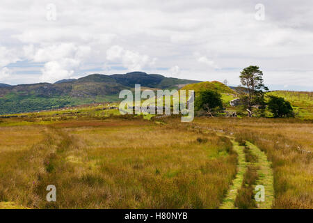 Roman Road passando per insediamento civile (vicus) & avvicinando ne porta di Tomen y Mur C1stAD ausiliario di fort & C11th motte. Foto Stock