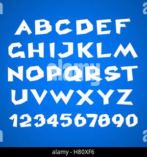 Alfabeto decorativo. Semplice bold. Le lettere in bianco e i numeri su sfondo blu. Vettore di stock. Illustrazione Vettoriale
