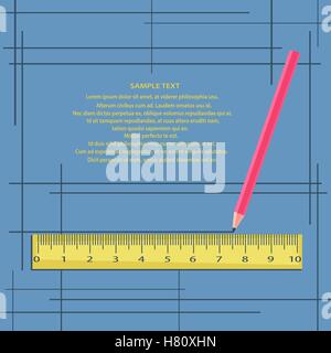 Righello e matita su uno sfondo blu con i frame. Illustrazione Vettoriale