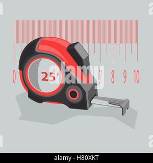 Nastro di misurazione di colore rosso su sfondo grigio. Stilizzata di strumenti di costruzione con i numeri. Stock illustrazione vettoriale di un piatto. Illustrazione Vettoriale