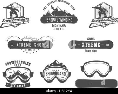 Set di snowboard extreme logo e modelli di etichetta. Inverno Sport snowboard store badge. Emblema e icona. Avventura in montagna e insegne, patch. Vector vintage stile monocromatico. Design retrò. Illustrazione Vettoriale