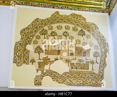 L antico mosaico raffigura la villa romana e la fattoria, circondata dal giardino di frutta, Sousse sala del Museo Bardo di Tunisi Foto Stock