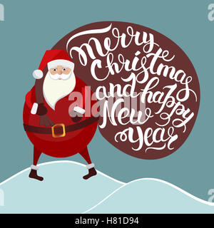 Illustrazione della scheda con Babbo Natale che trasportano borsa pesante con doni, scritte con un buon Natale e un felice anno nuovo Foto Stock