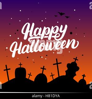 Happy Halloween scritto a mano scritte scheda con i pipistrelli e sagome di tombe nel cimitero. Spazzola moderna calligrafia. Hallo Illustrazione Vettoriale