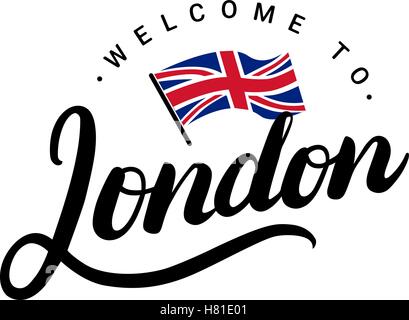 Benvenuto a Londra biglietto di auguri. Londra scritto a mano calligraphy lettering con bandiera sul Regno Unito. Illustrazione Vettoriale. Illustrazione Vettoriale