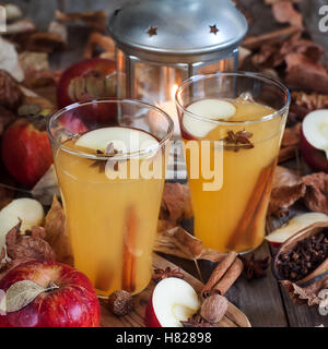 Sidro di mela caldo con bastoncini di cannella e spezie su foglie di autunno sfondo Foto Stock