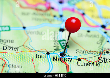 Nancy imperniata su una mappa della Francia Foto Stock