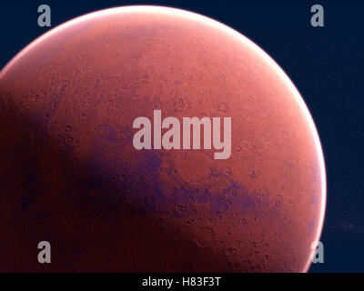 Vista della Terra da Marte. Questo è il modo in cui la Terra è vista dal pianeta rosso. Atmosfera marziana e suolo, catene montuose. fantascienza. 3d rendering Foto Stock