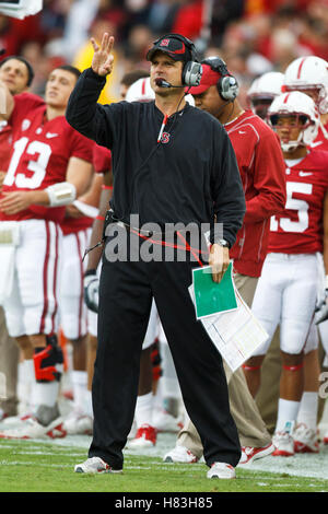 Ottobre 23, 2010; Stanford, CA, Stati Uniti d'America; Stanford Cardinale head coach Jim Harbaugh sugli spalti contro il Washington State Cougars durante il primo trimestre presso la Stanford Stadium. Foto Stock