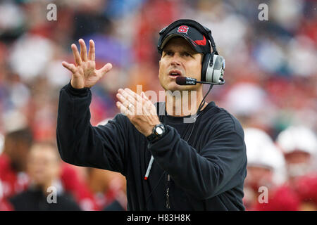 Ottobre 23, 2010; Stanford, CA, Stati Uniti d'America; Stanford Cardinale head coach Jim Harbaugh chiede un tempo fuori contro il Washington State Cougars durante il secondo trimestre presso la Stanford Stadium. Foto Stock