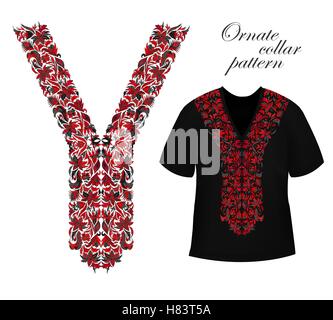 Design per il collare, camicie, camicette, T-shirt. In bianco e nero e colori dorati fiori etnici collo. Paisley cornice decorativa Illustrazione Vettoriale