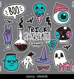 Halloween badge patch set, strana raccolta di elementi per la decorazione. Ricamo o adesivi in stile cartoon. Illustrazione Vettoriale