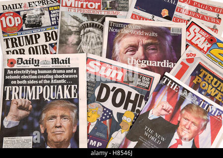 Il quotidiano britannico pagine a fronte del Presidente eletto Donald Trump Foto Stock