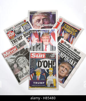 Il quotidiano britannico pagine a fronte del Presidente eletto Donald Trump Foto Stock