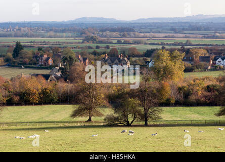 Vista dalla collina a Dumbleton attraverso Dumbleton villaggio in autunno, Gloucestershire, England, Regno Unito Foto Stock