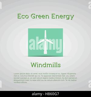 Mulini a vento ricevendo energia eolica poster. Illustrazione Vettoriale di concetti per l'ecologia e la tecnologia verde. design piatto. Banner. Illustrazione Vettoriale
