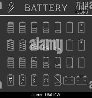 Set di indicatori del livello di carica delle batterie. Trendy Linea sottile, schema di progettazione. Possono essere utilizzati come pulsanti, elementi in infographics, icone, logo. Illustrazione Vettoriale. Illustrazione Vettoriale