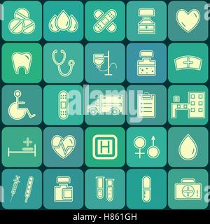 Set di flat medico e sanitario isolato le icone sulla tavolozza di blu pulsanti. Silhouette insolito design. Illustrazione Vettoriale. Illustrazione Vettoriale