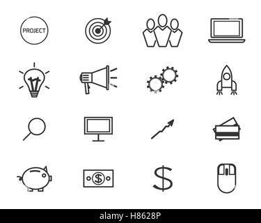 Linea piatta icone e impostare il logo del servizio crowdfunding, investendo piattaforma per progetto creativo, lo sviluppo delle piccole imprese, modello di avvio e alle idee della community. Design di stile moderno vettore. Illustrazione Vettoriale