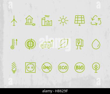 Verde, Ecologia e tutela ambientale icona profilo impostato. Linea sottile design. Tecnologie eco. Isolato su sfondo grunge. Illustrazione Vettoriale Illustrazione Vettoriale