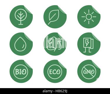Verde, Ecologia e tutela ambientale icona profilo impostato. Linea sottile design. Tecnologie eco. Sul piatto adesivi verde. Isolato su sfondo bianco. Illustrazione Vettoriale Illustrazione Vettoriale