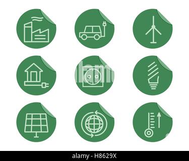 Ecologico e di protezione ambientale icona profilo impostato. Linea sottile design. Eco le tecnologie verdi. Sul piatto di adesivi. Isolato su sfondo bianco. Illustrazione Vettoriale Illustrazione Vettoriale