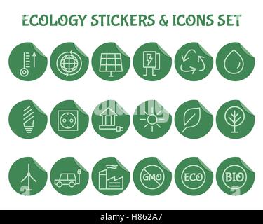 Verde, Ecologia e tutela ambientale icona profilo impostato. Semplice linea sottile design. Tecnologie eco. Sul piatto adesivi verde. Isolato su sfondo bianco. Illustrazione Vettoriale Illustrazione Vettoriale