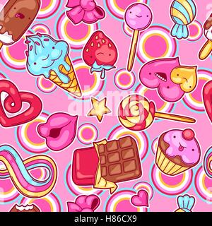 Seamless kawaii pattern con dolci e caramelle. Crazy dolce-roba in stile cartoon Illustrazione Vettoriale